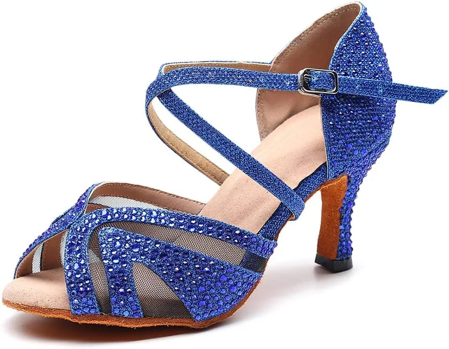 SWDZM Women Rhinestone Ballroom Dance Shoes Latin Salsa Performance Dance Shoes Suede Sole,Model-QJW9003