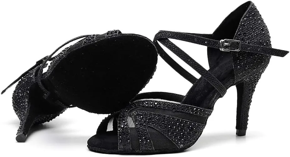 SWDZM Women Rhinestone Ballroom Dance Shoes Latin Salsa Performance Dance Shoes Suede Sole,Model-QJW9003