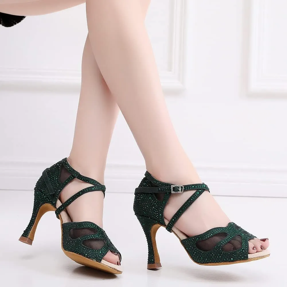 SWDZM Women Rhinestone Ballroom Dance Shoes Latin Salsa Performance Dance Shoes Suede Sole,Model-QJW9003