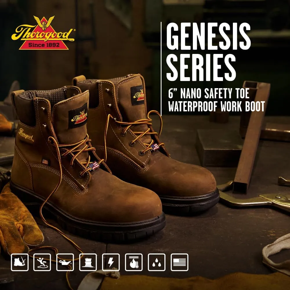 Thorogood 6 Waterproof Work Boots for Men - Nano Composite Toe - Genesis Series - Full-Grain Leather with Comfort Insoles and Slip-Resistant Outsoles