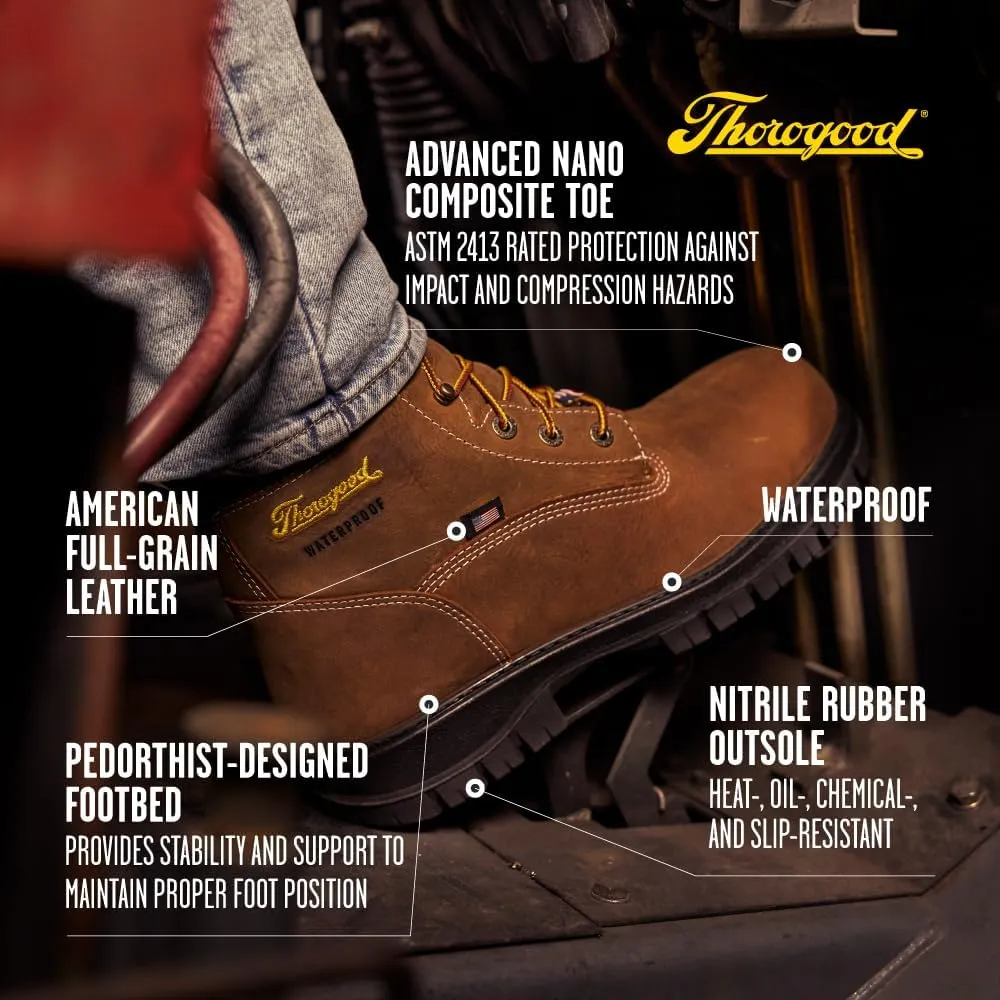 Thorogood 6 Waterproof Work Boots for Men - Nano Composite Toe - Genesis Series - Full-Grain Leather with Comfort Insoles and Slip-Resistant Outsoles