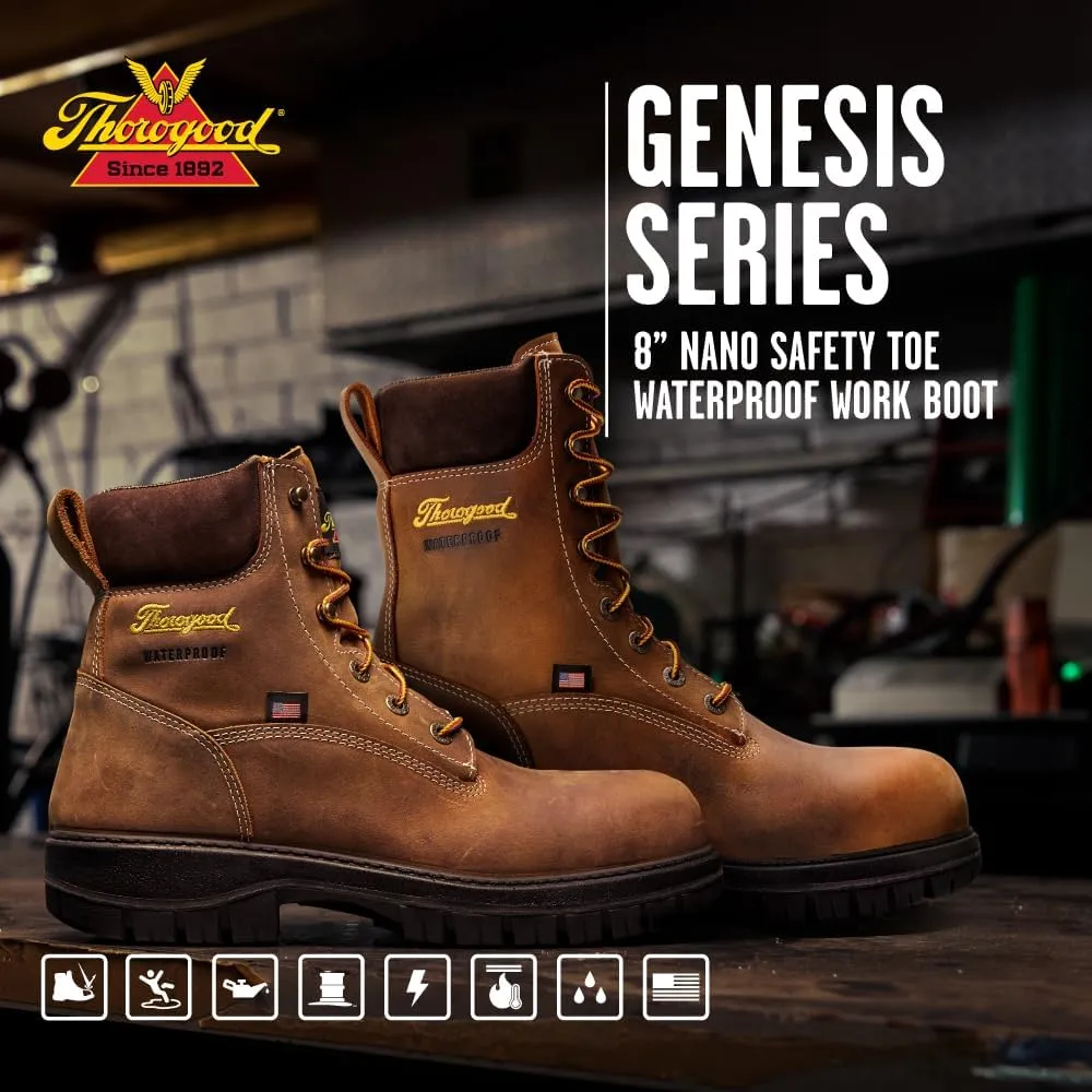 Thorogood 8 Waterproof Work Boots for Men - Nano Composite Toe - Genesis Series - Full-Grain Leather with Comfort Insoles and Slip-Resistant Outsoles
