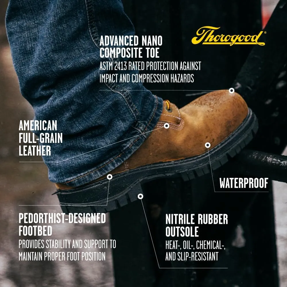Thorogood 8 Waterproof Work Boots for Men - Nano Composite Toe - Genesis Series - Full-Grain Leather with Comfort Insoles and Slip-Resistant Outsoles