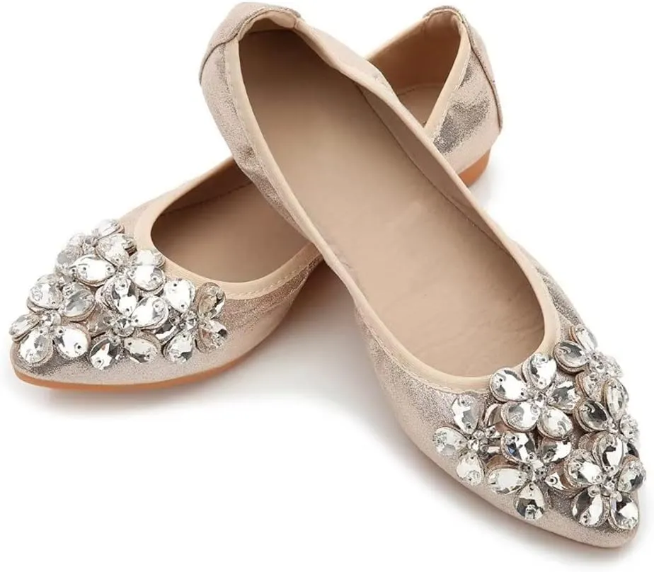 TN TANGNEST Womens Shiny Foldable Ballet Flats Wedding Rhinestone Slip On Flat Shoes