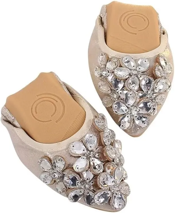 TN TANGNEST Womens Shiny Foldable Ballet Flats Wedding Rhinestone Slip On Flat Shoes