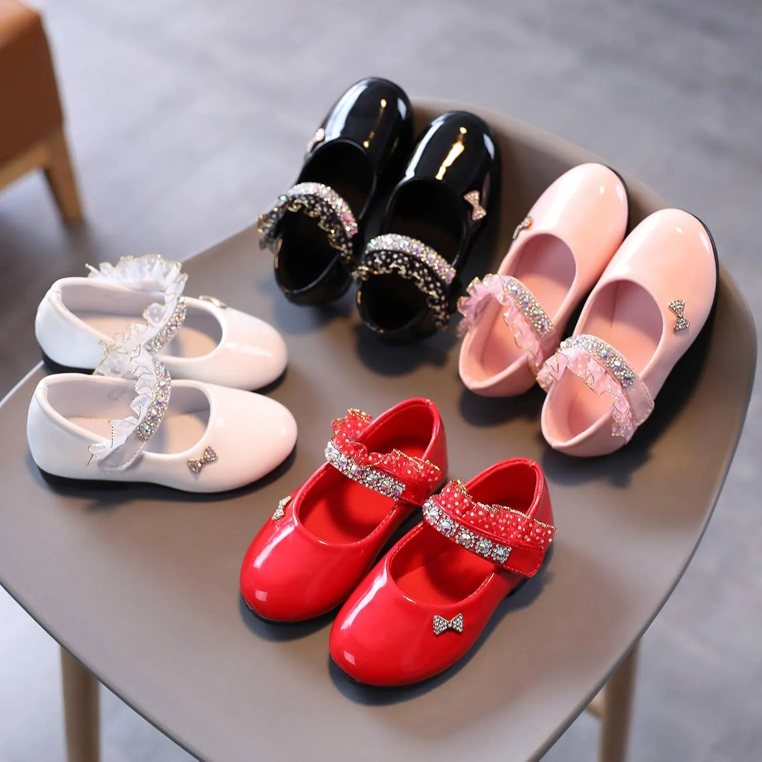 Toddler Baby Girls Dress Shoes Rhinstones Mary Jane Ballet Flats Flower Kids School Party Wedding Shoes