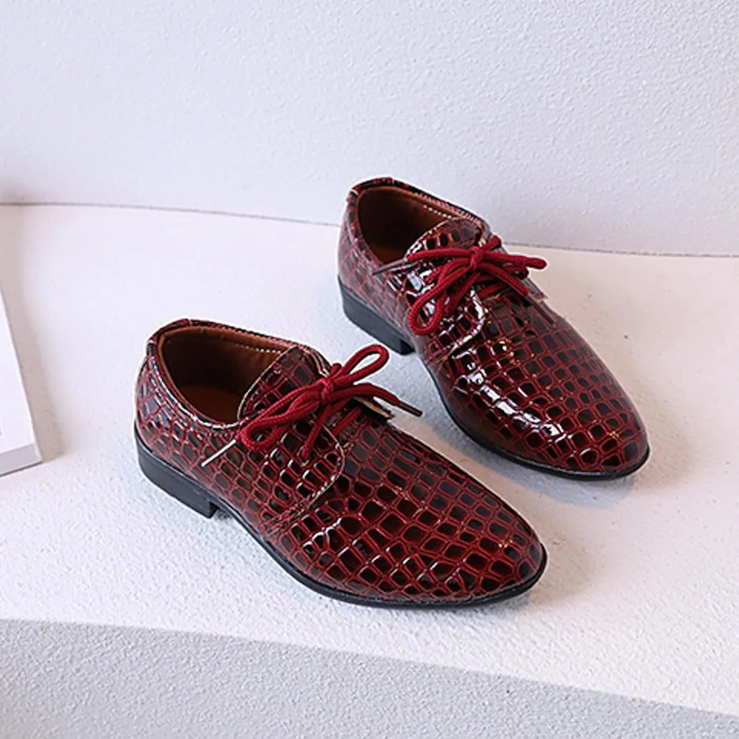 Toddler Boys Dress Shoes Kids Pointed Toe Low Heel Lace Up Oxfords Dance Party Stage Solid Dressy Comfy Leather Shoes