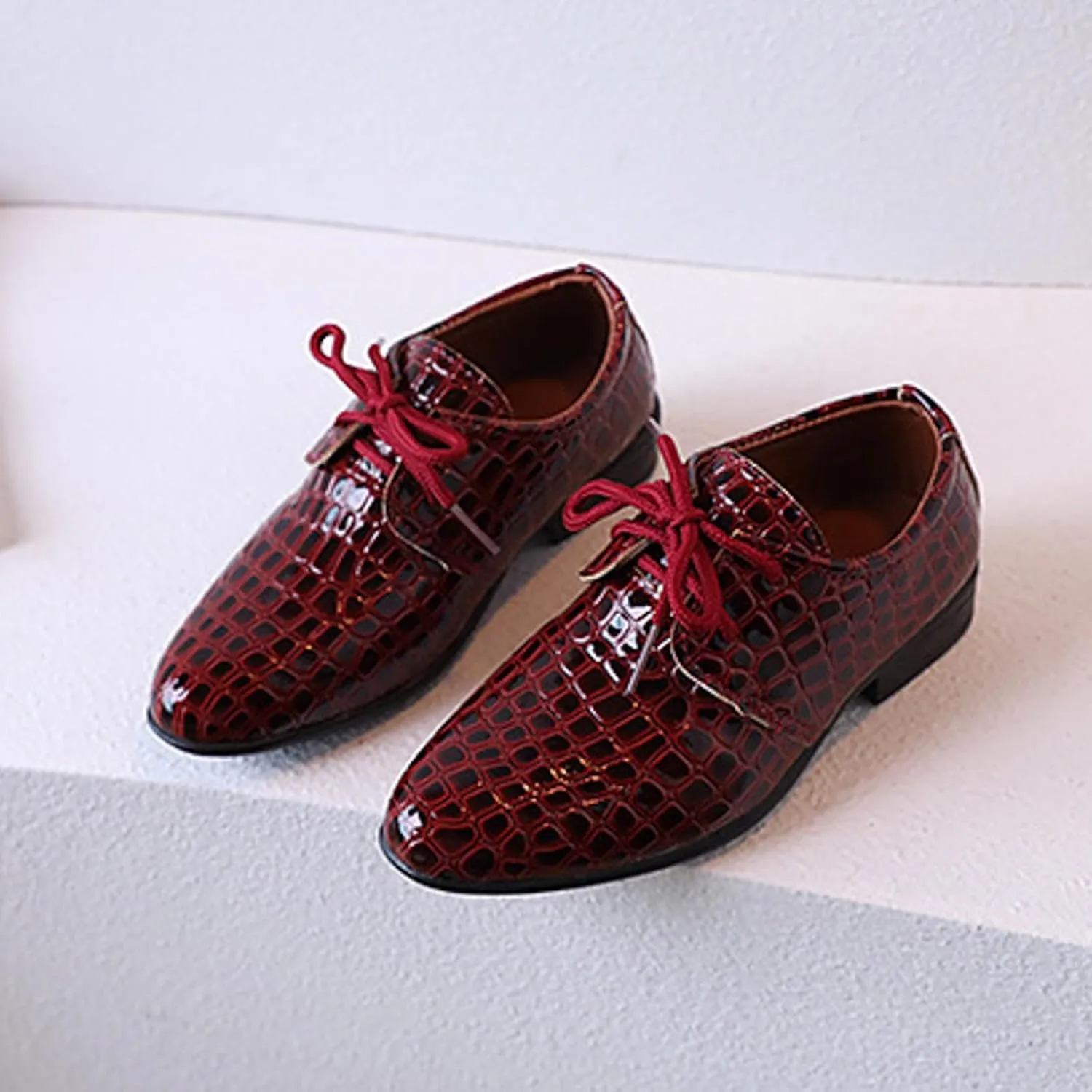 Toddler Boys Dress Shoes Kids Pointed Toe Low Heel Lace Up Oxfords Dance Party Stage Solid Dressy Comfy Leather Shoes