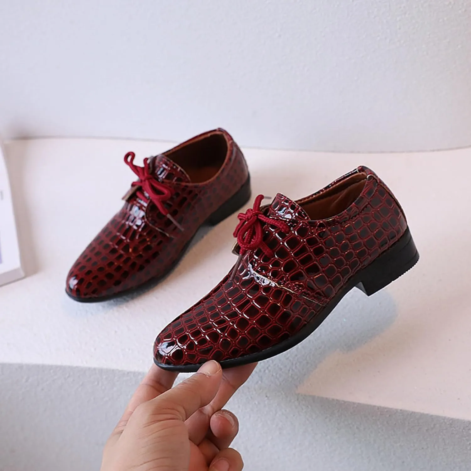 Toddler Boys Dress Shoes Kids Pointed Toe Low Heel Lace Up Oxfords Dance Party Stage Solid Dressy Comfy Leather Shoes
