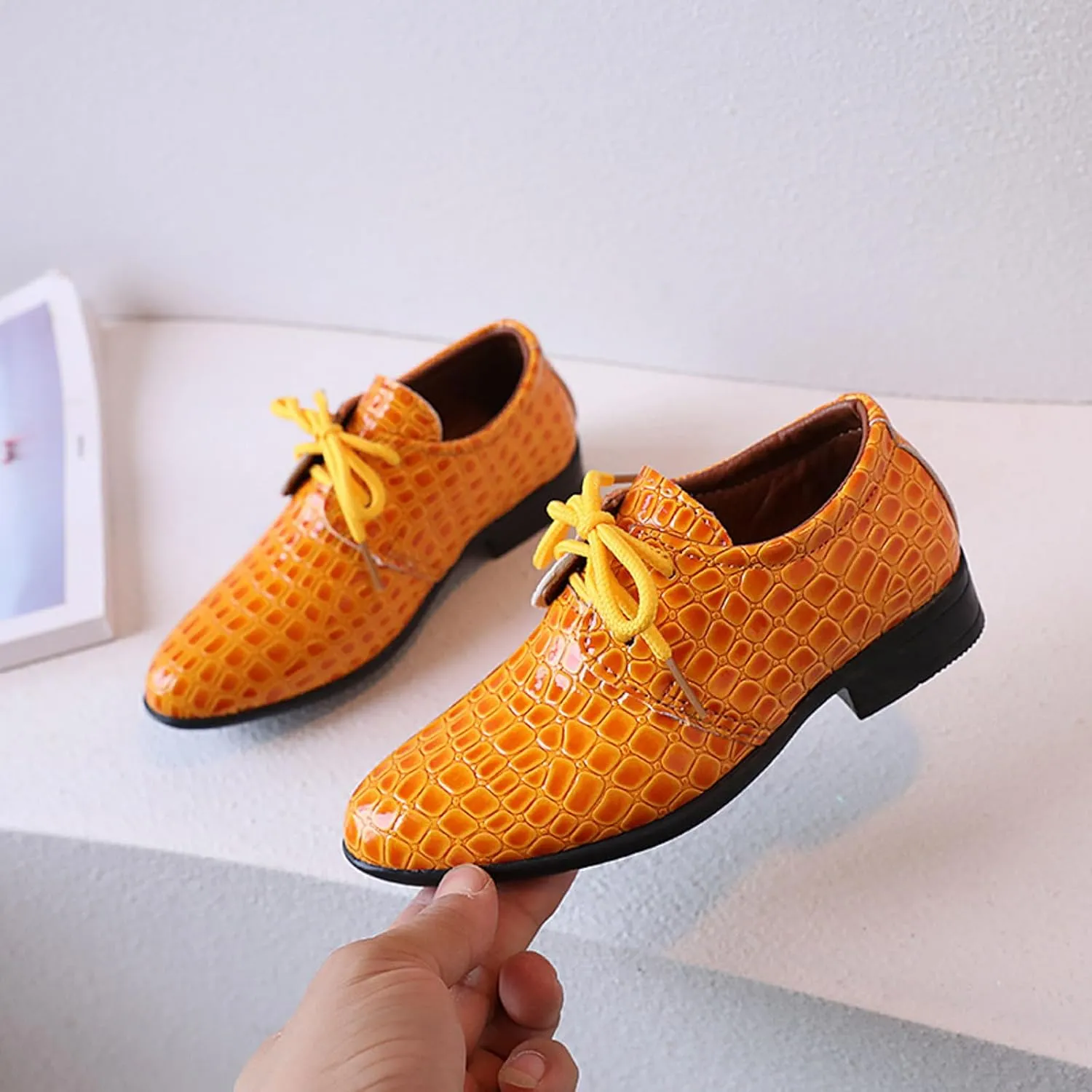 Toddler Boys Dress Shoes Kids Pointed Toe Low Heel Lace Up Oxfords Dance Party Stage Solid Dressy Comfy Leather Shoes