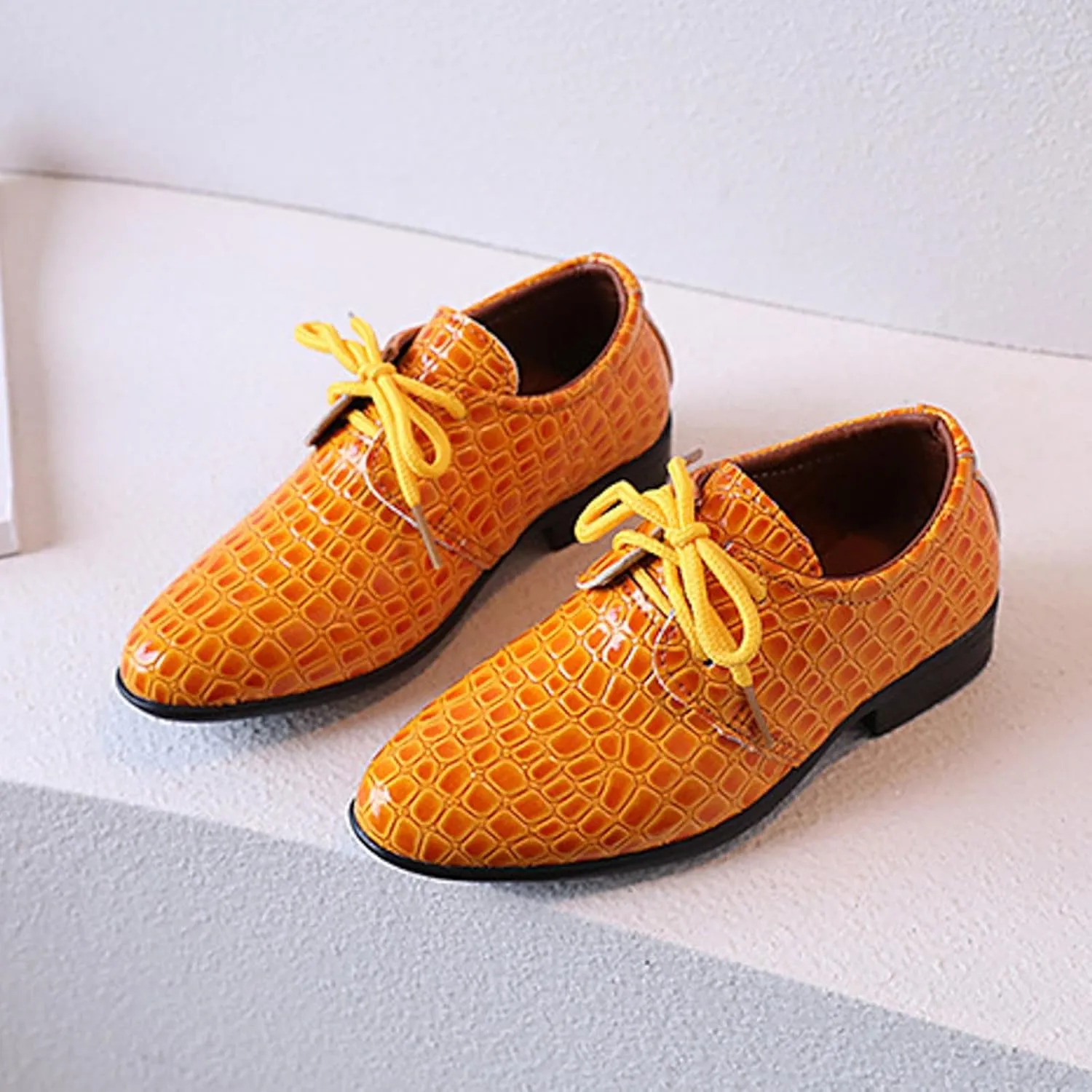 Toddler Boys Dress Shoes Kids Pointed Toe Low Heel Lace Up Oxfords Dance Party Stage Solid Dressy Comfy Leather Shoes