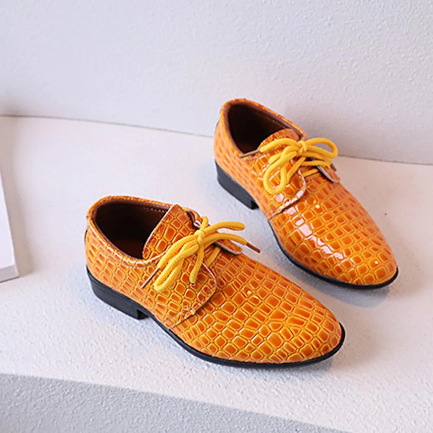 Toddler Boys Dress Shoes Kids Pointed Toe Low Heel Lace Up Oxfords Dance Party Stage Solid Dressy Comfy Leather Shoes