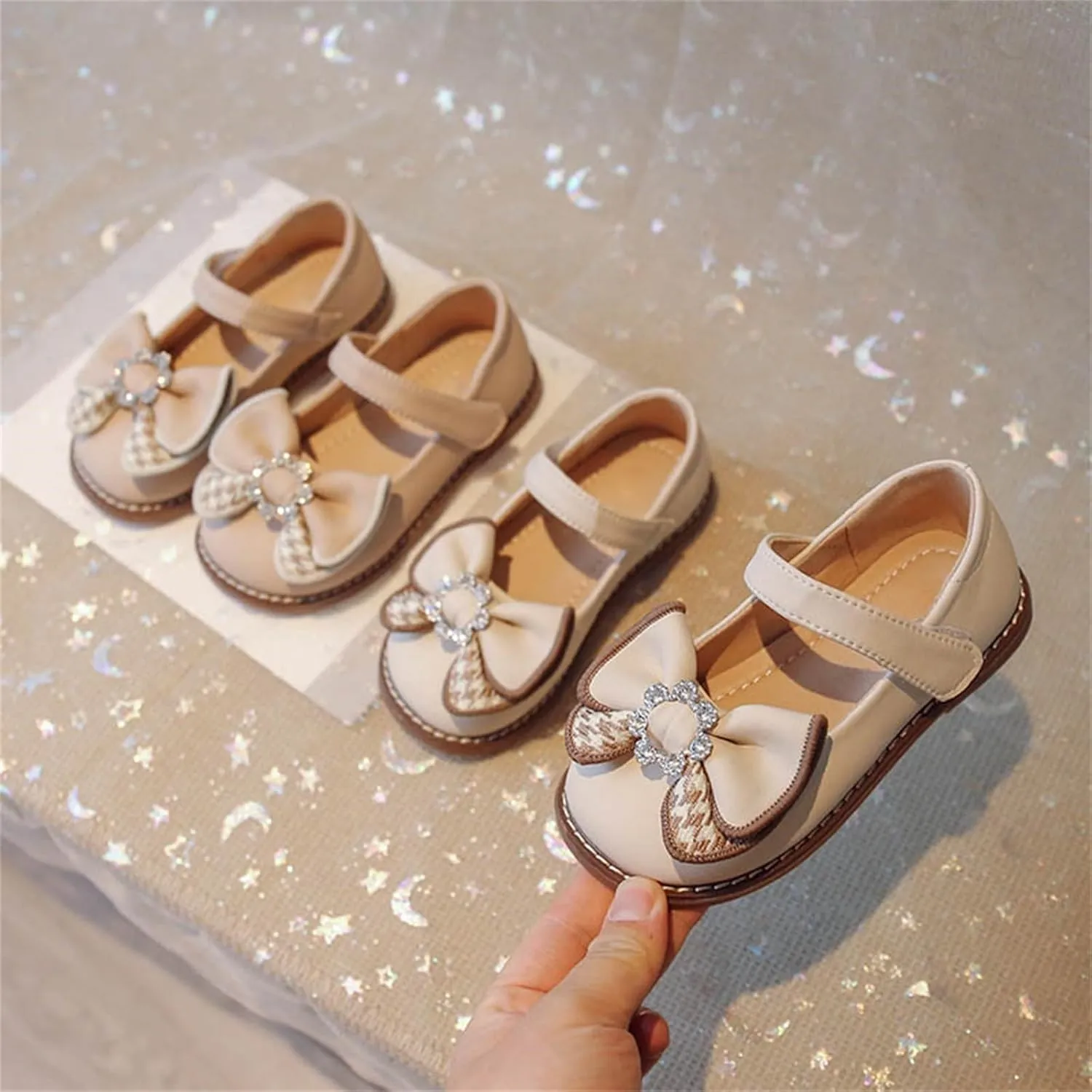 Toddler Flower Girl Dress Shoes Rhinstones Bow Mary Jane Ballet Flats for Wedding Party School Baby Girl Dress Shoes