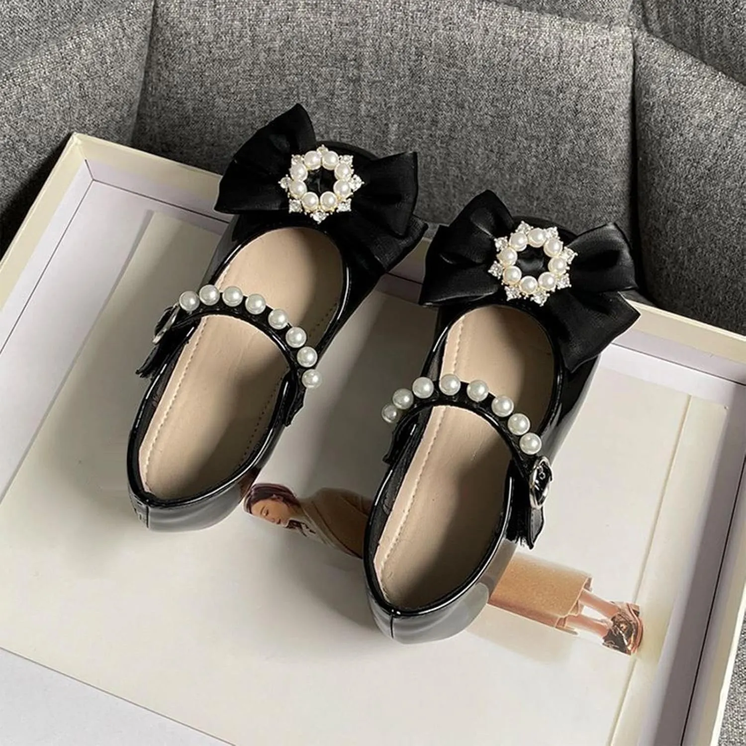 Toddler Girls Dress Shoes with Pearls Bow Mary Jane Flats Flower Girl Shoes for Wedding Party Toddler Dress up Shoes