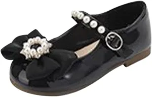 Toddler Girls Dress Shoes with Pearls Bow Mary Jane Flats Flower Girl Shoes for Wedding Party Toddler Dress up Shoes