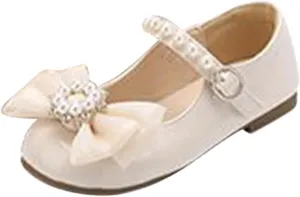 Toddler Girls Dress Shoes with Pearls Bow Mary Jane Flats Flower Girl Shoes for Wedding Party Toddler Dress up Shoes