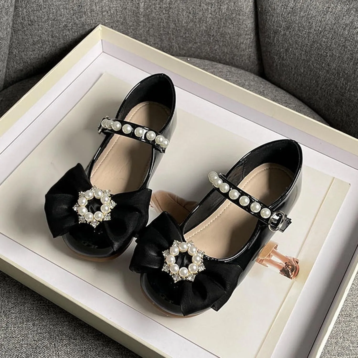 Toddler Girls Dress Shoes with Pearls Bow Mary Jane Flats Flower Girl Shoes for Wedding Party Toddler Dress up Shoes