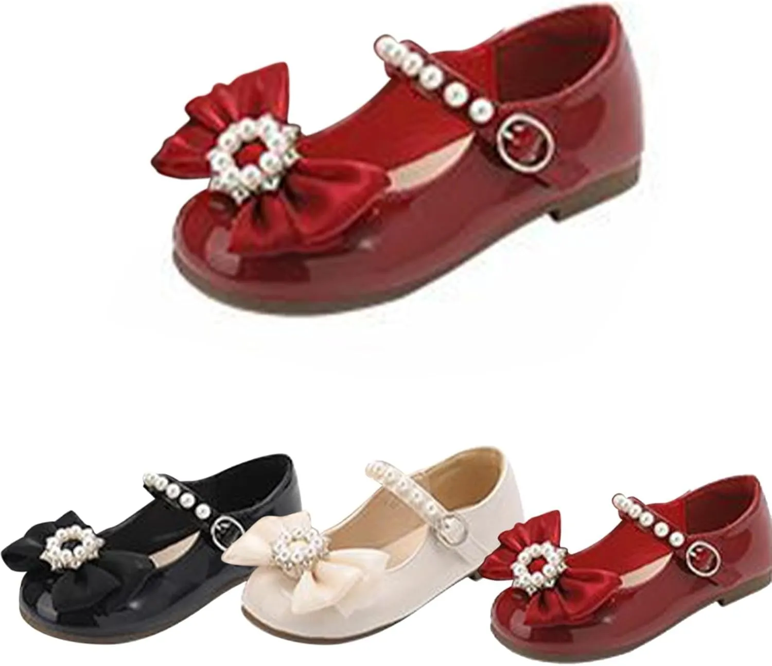 Toddler Girls Dress Shoes with Pearls Bow Mary Jane Flats Flower Girl Shoes for Wedding Party Toddler Dress up Shoes