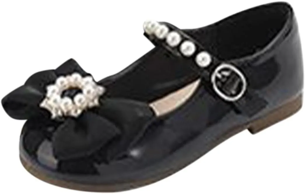 Toddler Girls Dress Shoes with Pearls Bow Mary Jane Flats Flower Girl Shoes for Wedding Party Toddler Dress up Shoes