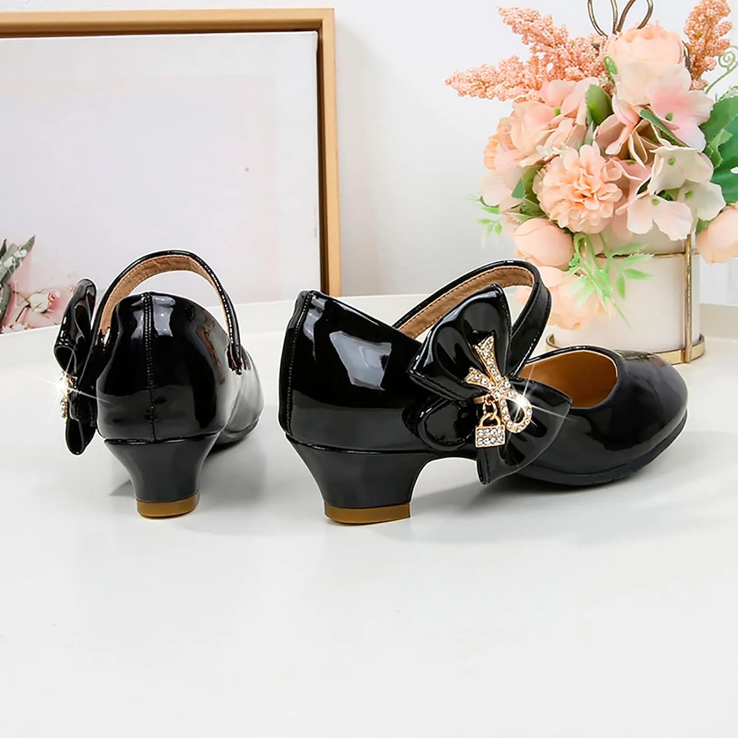 Toddler Girls Heels Dress Shoes Mary Jane hinestones Bows Pumps Low Heel Princess Wedding Pary for Flower Kids