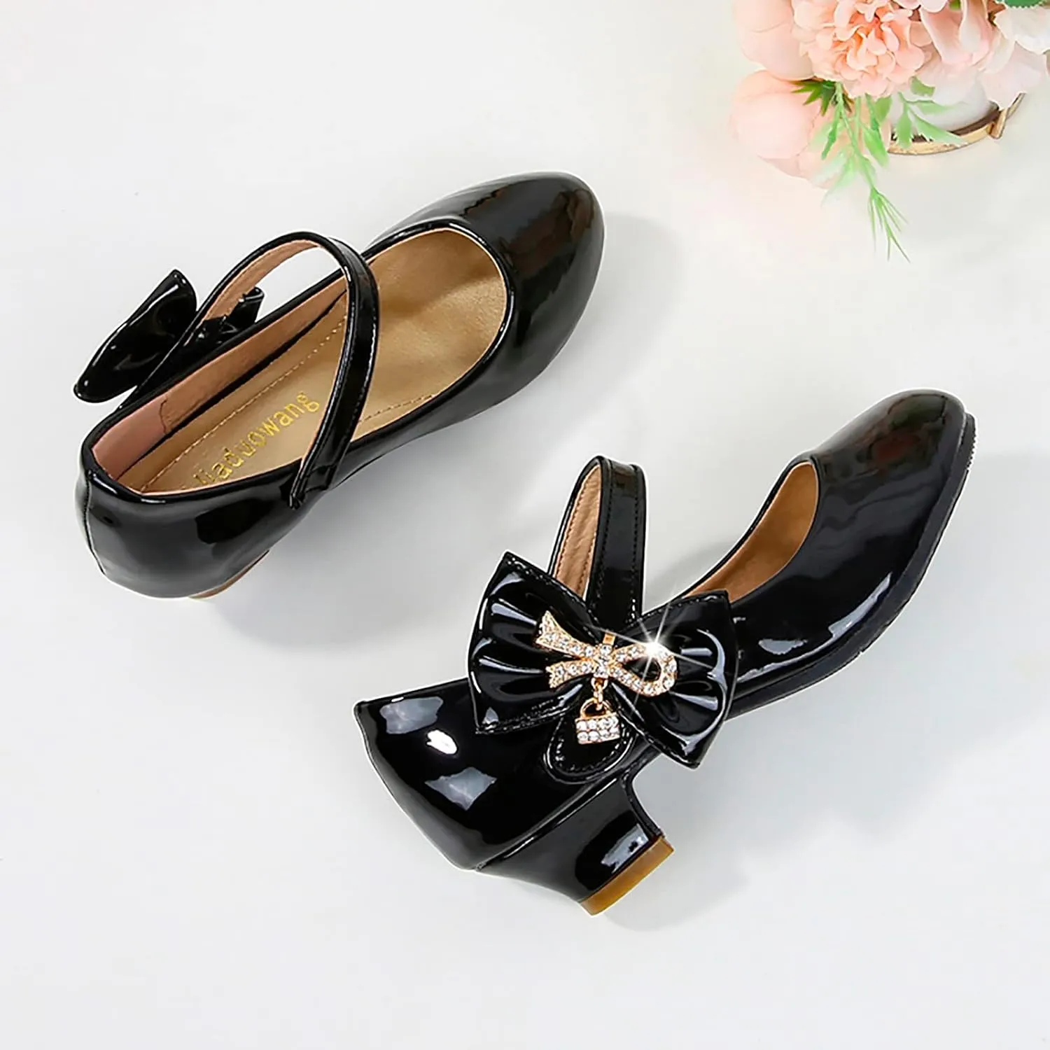 Toddler Girls Heels Dress Shoes Mary Jane hinestones Bows Pumps Low Heel Princess Wedding Pary for Flower Kids