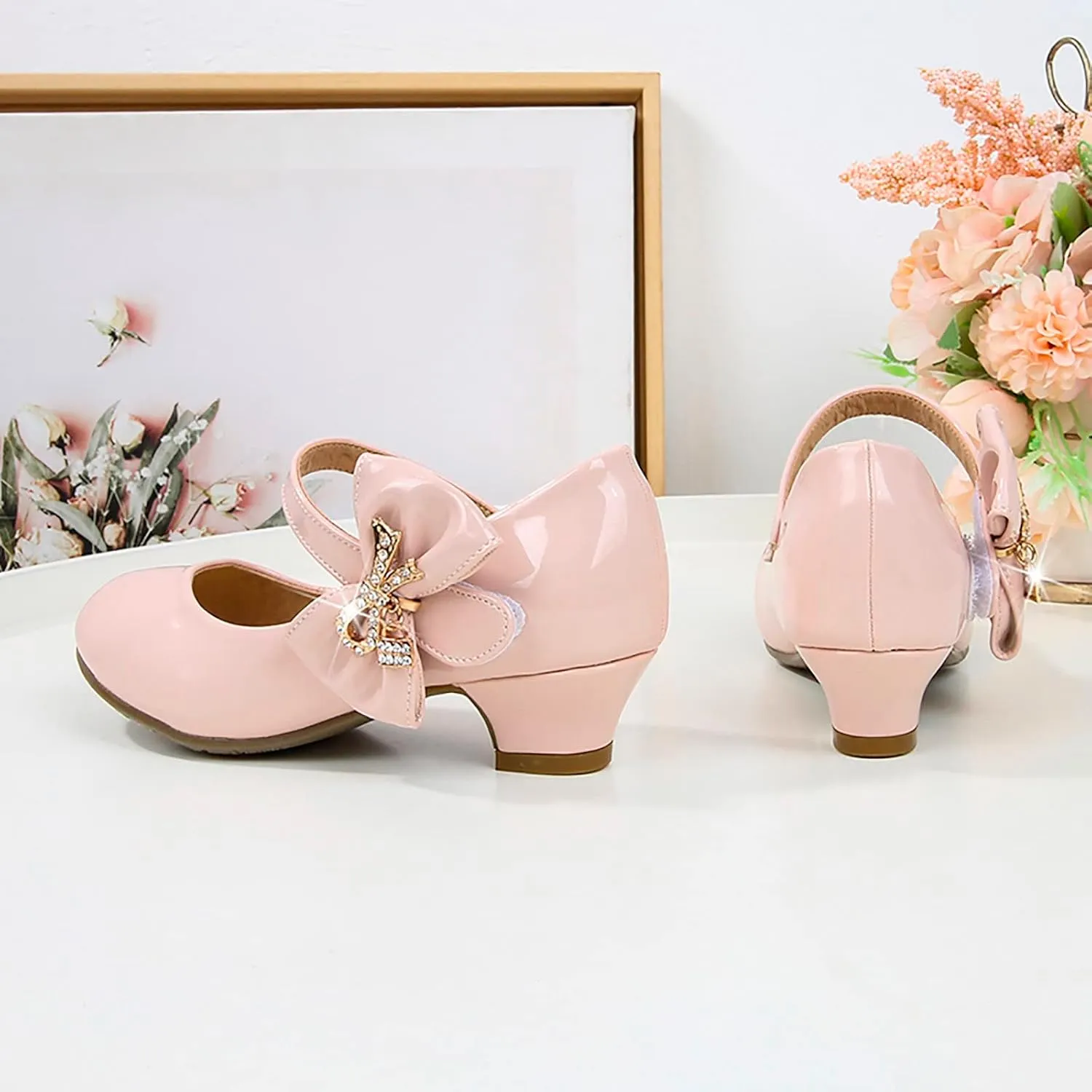Toddler Girls Heels Dress Shoes Mary Jane hinestones Bows Pumps Low Heel Princess Wedding Pary for Flower Kids