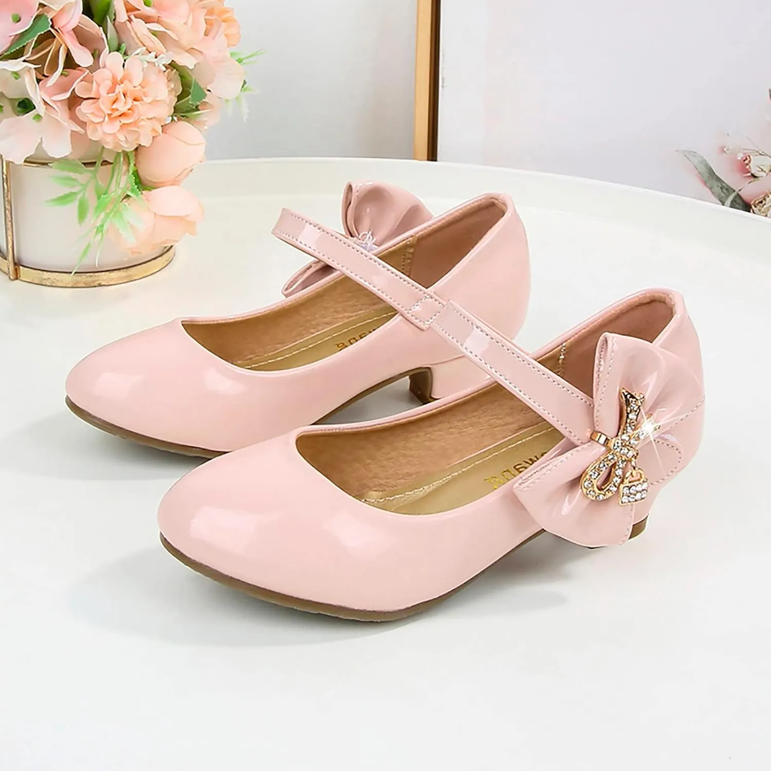 Toddler Girls Heels Dress Shoes Mary Jane hinestones Bows Pumps Low Heel Princess Wedding Pary for Flower Kids