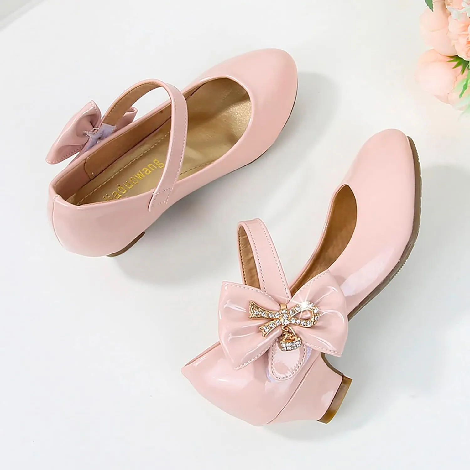 Toddler Girls Heels Dress Shoes Mary Jane hinestones Bows Pumps Low Heel Princess Wedding Pary for Flower Kids