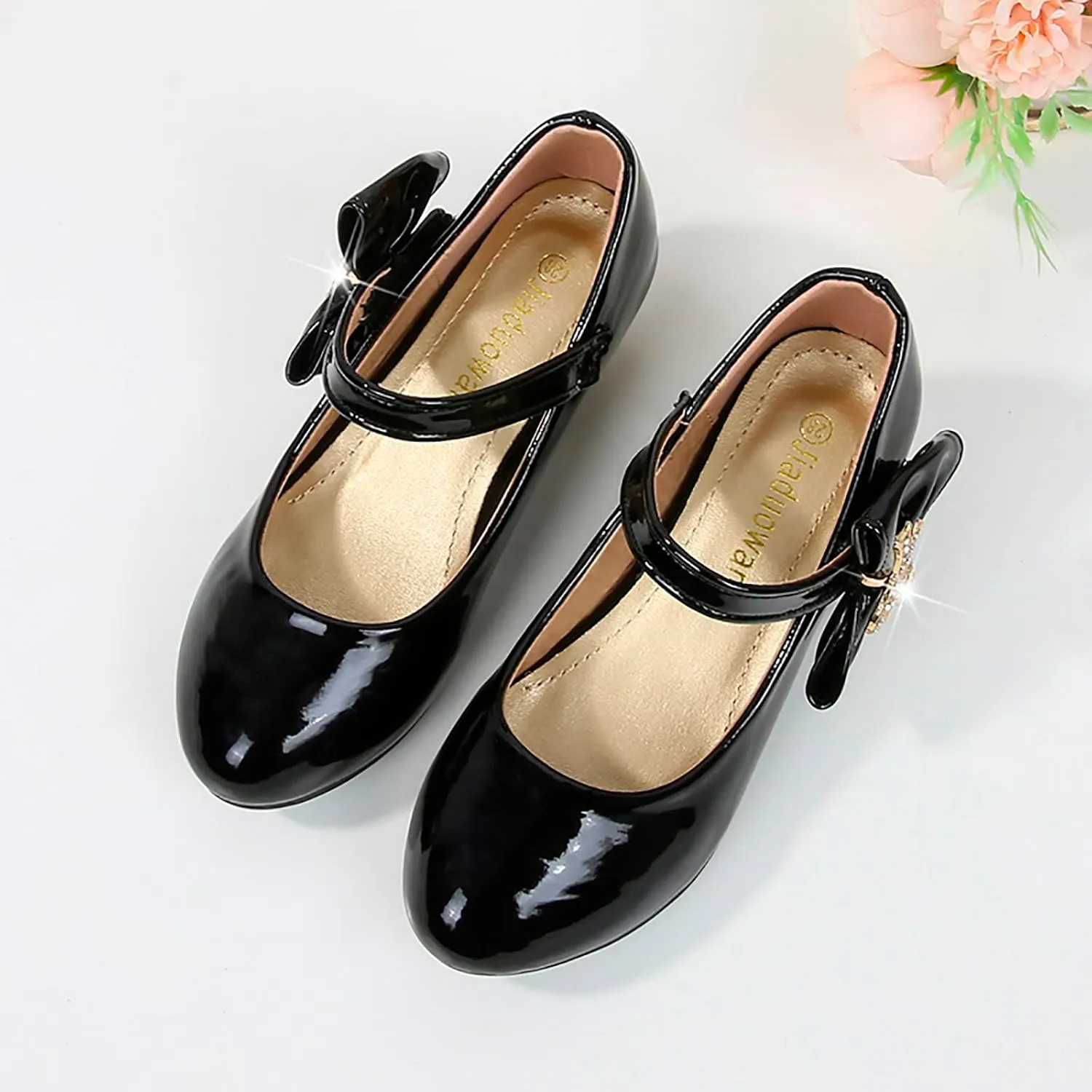 Toddler Girls Heels Dress Shoes Mary Jane hinestones Bows Pumps Low Heel Princess Wedding Pary for Flower Kids