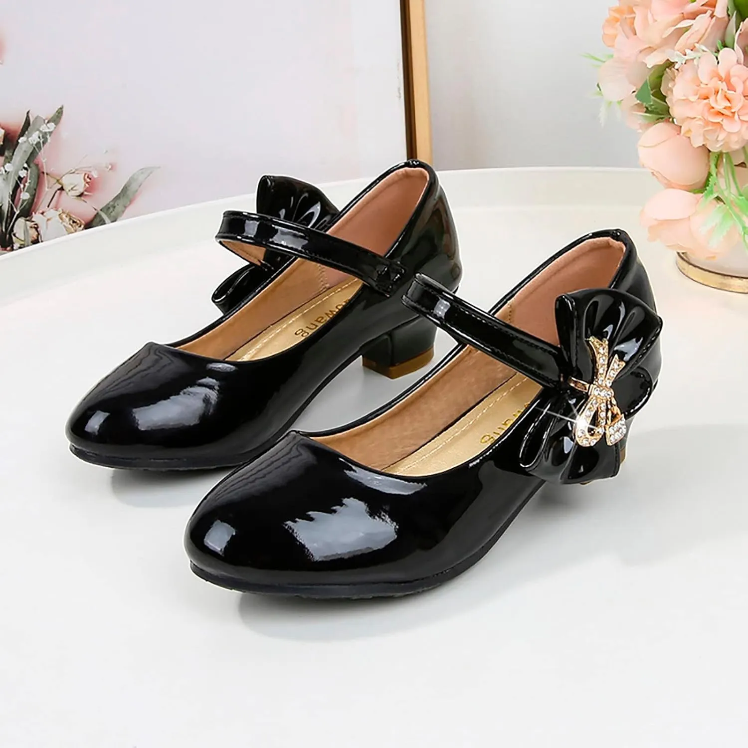 Toddler Girls Heels Dress Shoes Mary Jane hinestones Bows Pumps Low Heel Princess Wedding Pary for Flower Kids