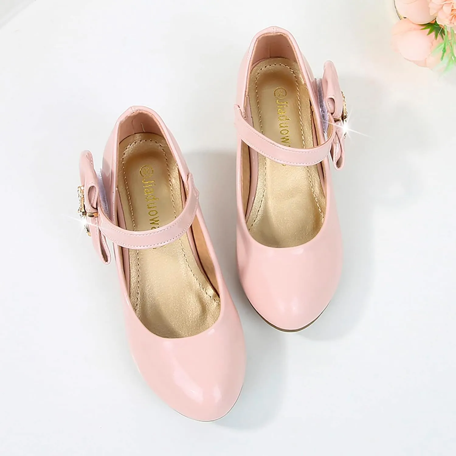 Toddler Girls Heels Dress Shoes Mary Jane hinestones Bows Pumps Low Heel Princess Wedding Pary for Flower Kids