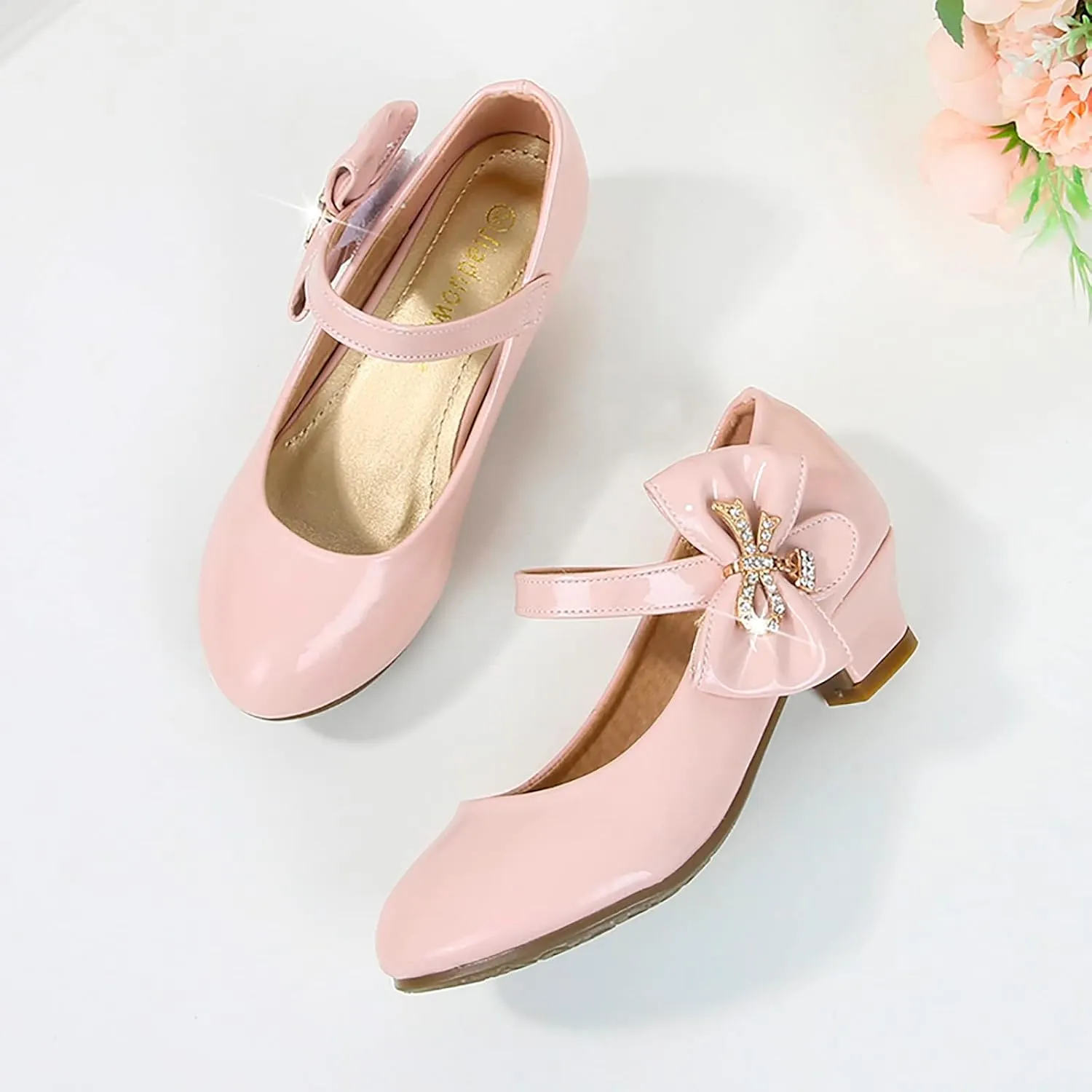 Toddler Girls Heels Dress Shoes Mary Jane hinestones Bows Pumps Low Heel Princess Wedding Pary for Flower Kids