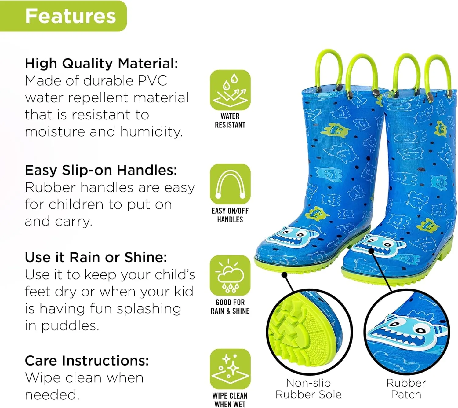 Toddler Rain Boots, Kids Rain Boots Waterproof Rubber Boots for Girls and Boys with Sock, Fun Patterns, Easy-On Handles 8-12