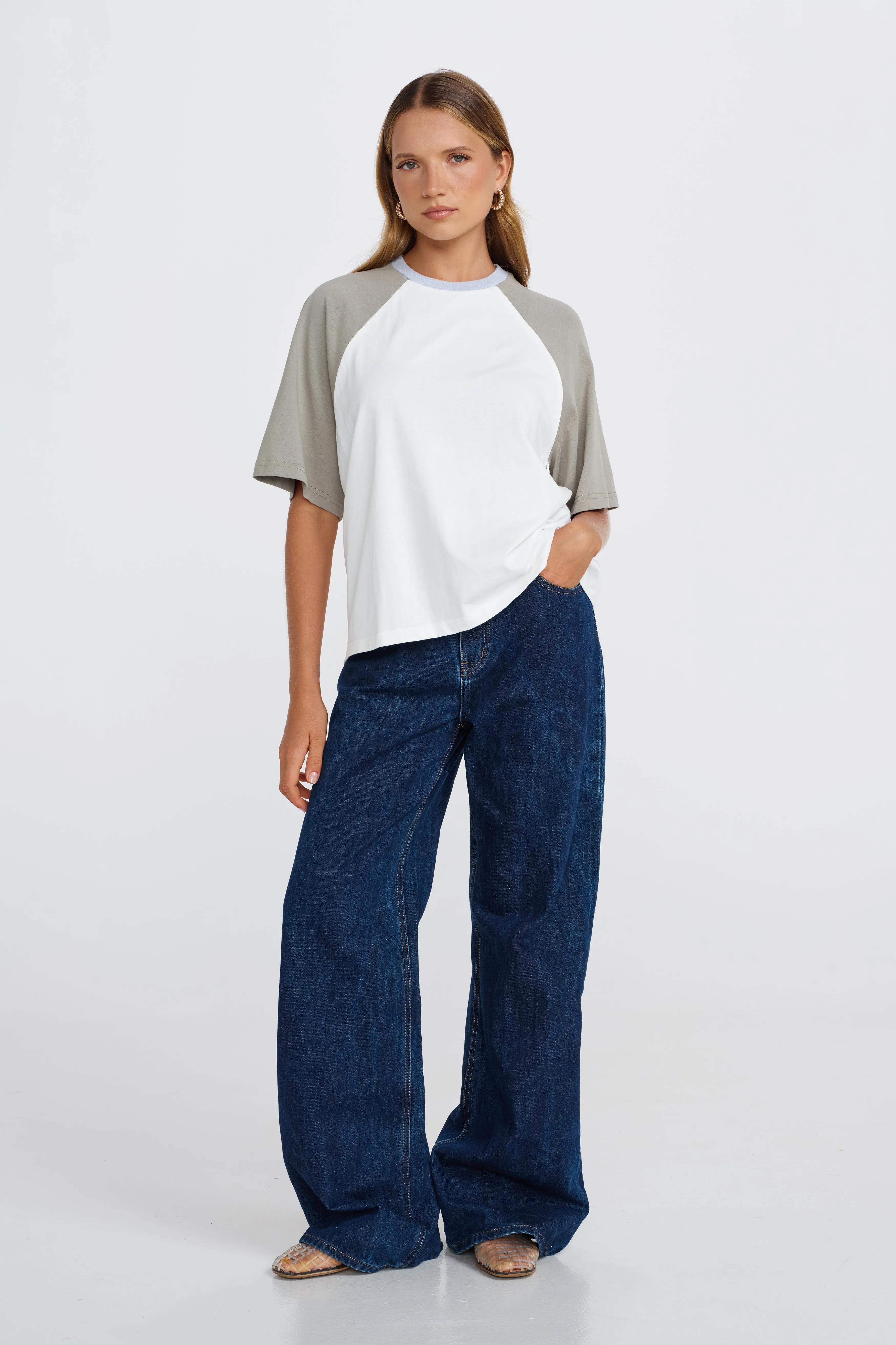 Trinity Box-Cut Tee - White / Sage / Blue