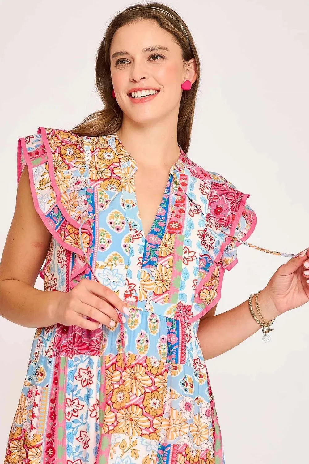 Umgee Tie Neck Double Layered Ruffle Sleeve Midi Dress In Pink Mix