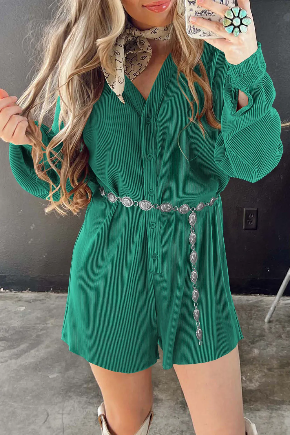 Verdant Ribbed Long Sleeve Button Front Romper