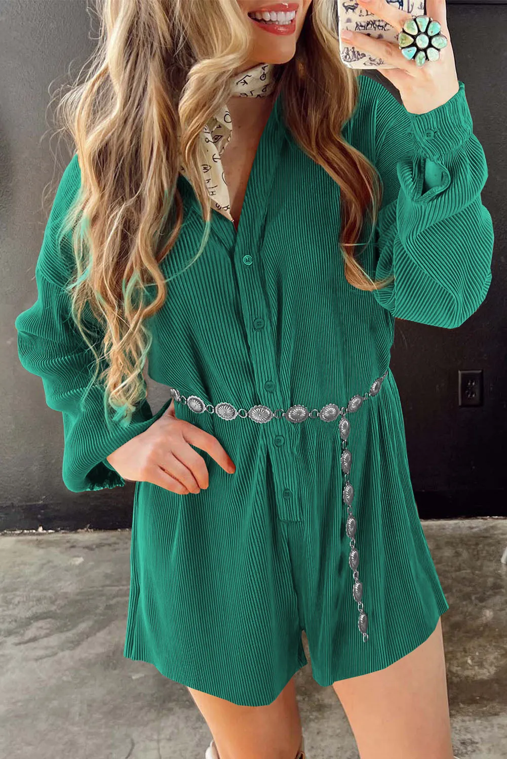 Verdant Ribbed Long Sleeve Button Front Romper