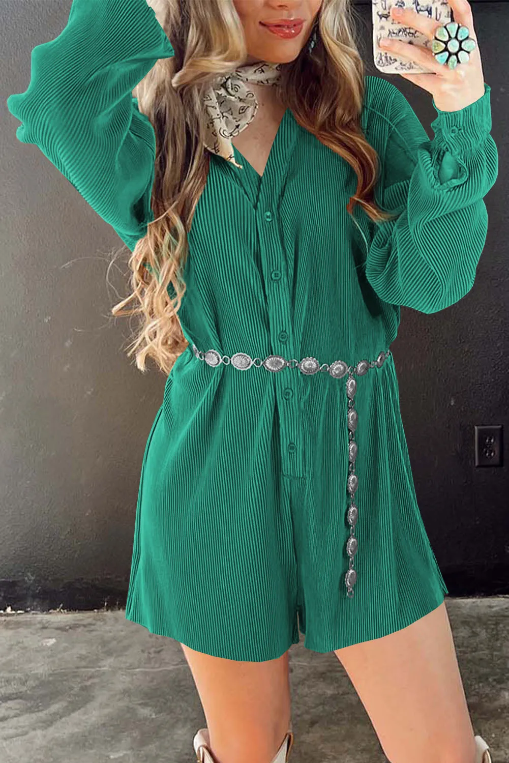 Verdant Ribbed Long Sleeve Button Front Romper