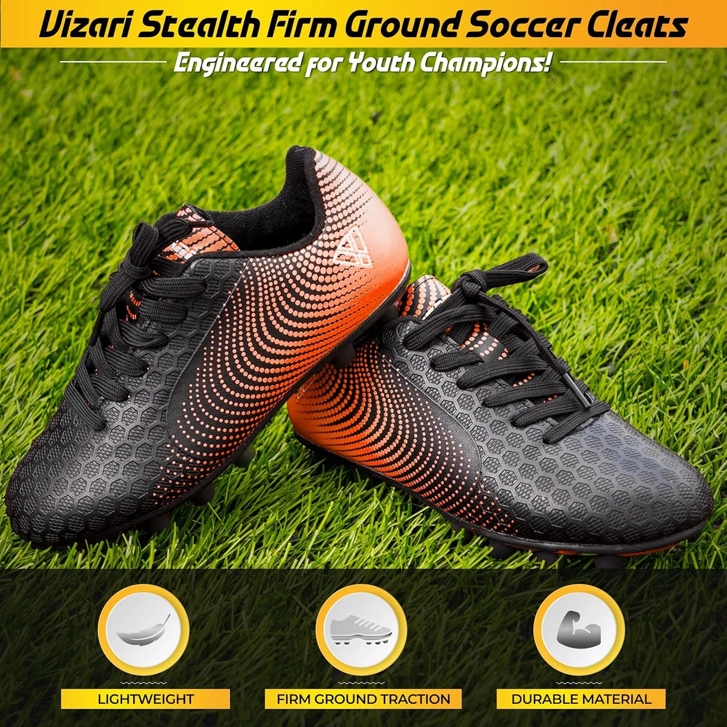 Vizari Stealth Firm Ground Soccer Cleats - Lightweight, Durable & Comfortable Youth Soccer Cleats with Excellent Traction - Boys Soccer Shoes with Padded Heel & Anti-Stretch Lining