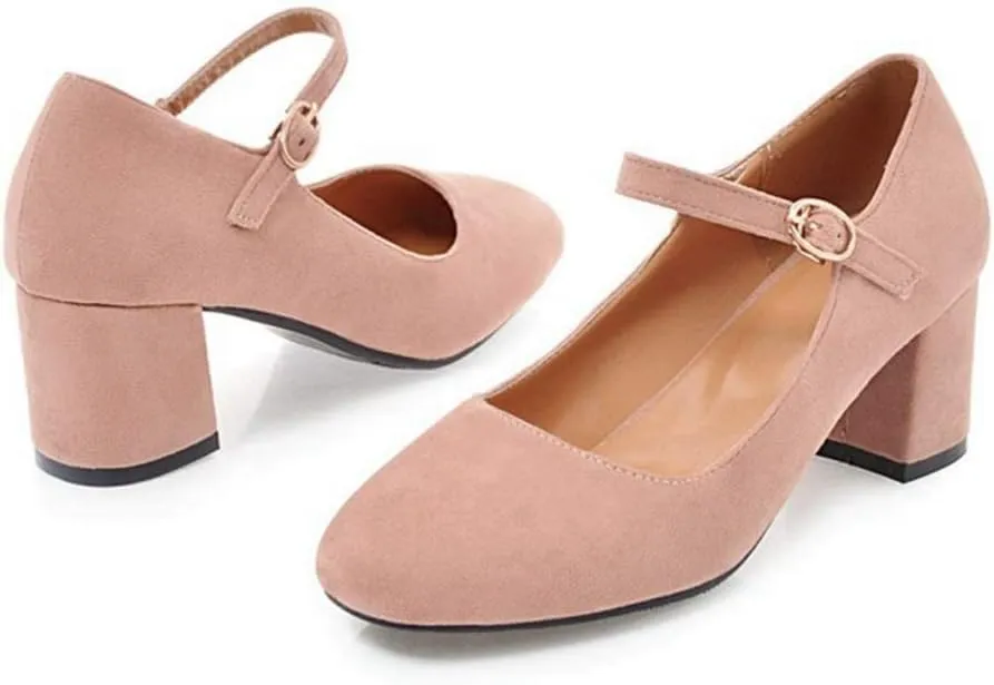VOKLIN Women's Square Toe Mary Jane Pumps Suede Buckle Strap Slip On Chunky Block Mid Heel Retro Dress Shoes