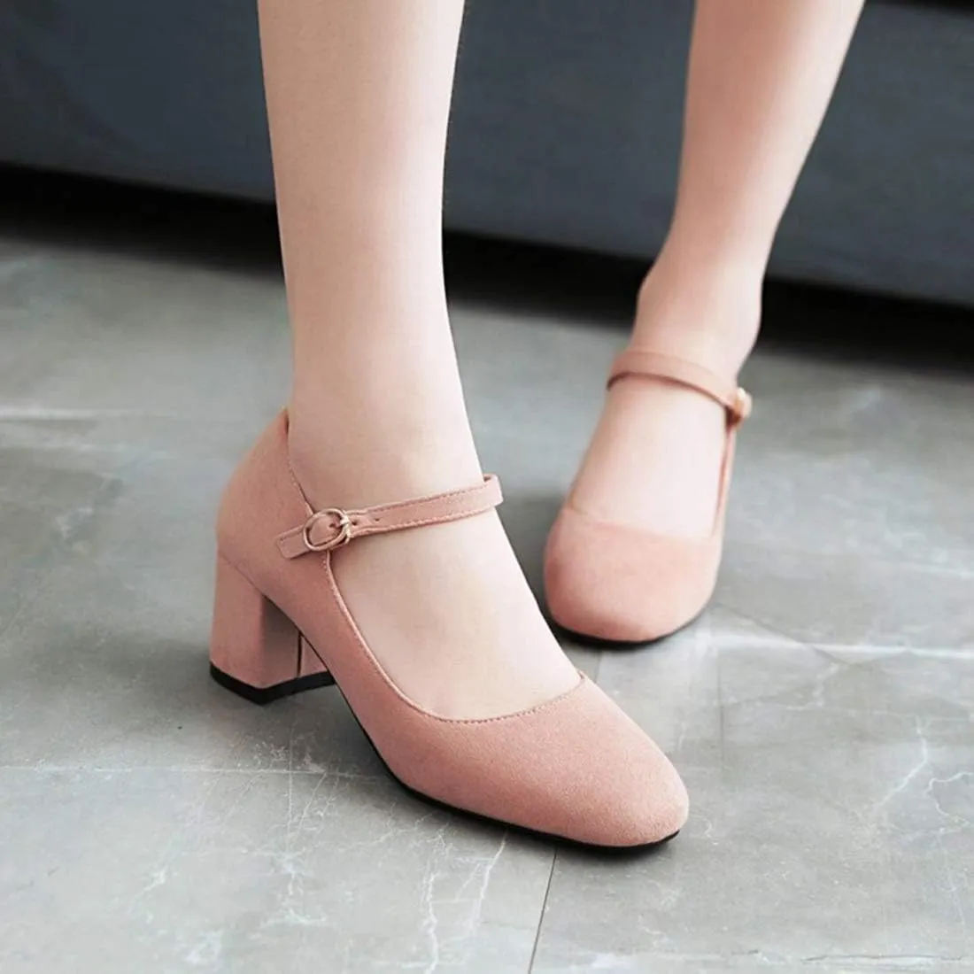 VOKLIN Women's Square Toe Mary Jane Pumps Suede Buckle Strap Slip On Chunky Block Mid Heel Retro Dress Shoes