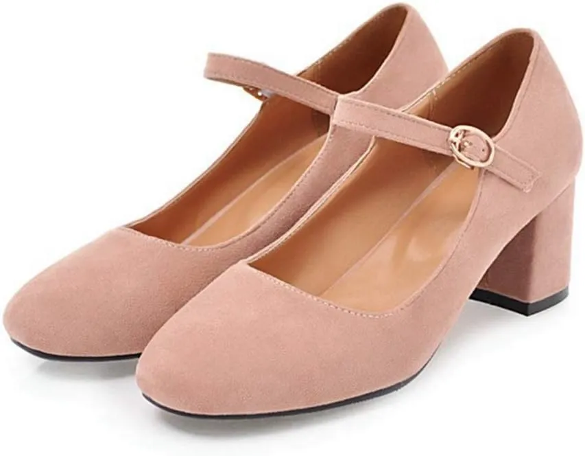 VOKLIN Women's Square Toe Mary Jane Pumps Suede Buckle Strap Slip On Chunky Block Mid Heel Retro Dress Shoes