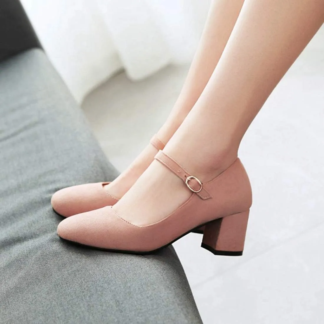 VOKLIN Women's Square Toe Mary Jane Pumps Suede Buckle Strap Slip On Chunky Block Mid Heel Retro Dress Shoes