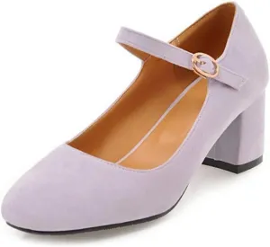 VOKLIN Women's Square Toe Mary Jane Pumps Suede Buckle Strap Slip On Chunky Block Mid Heel Retro Dress Shoes