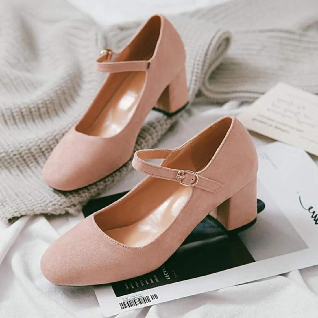 VOKLIN Women's Square Toe Mary Jane Pumps Suede Buckle Strap Slip On Chunky Block Mid Heel Retro Dress Shoes