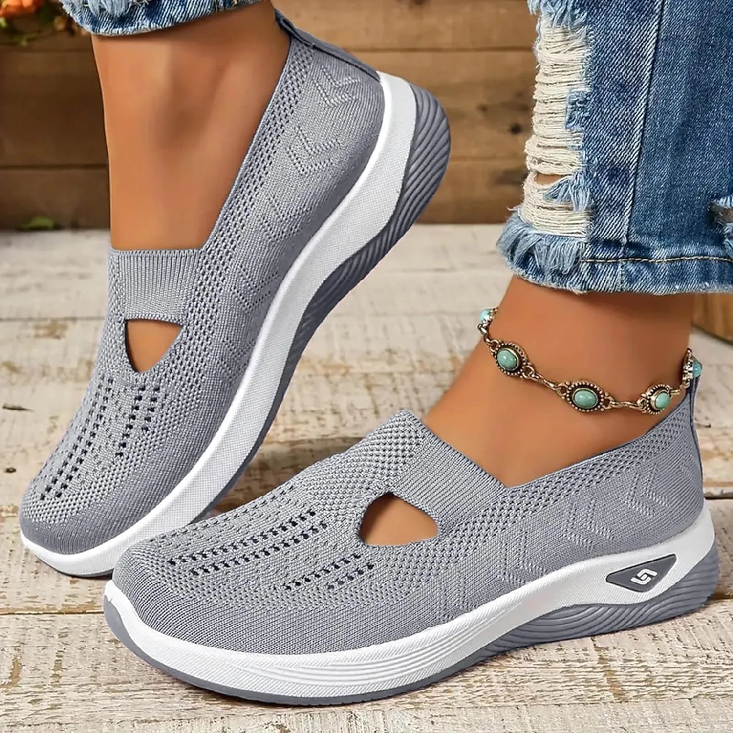 Walking Shoes Women Comfort Breathable Knitted Mesh Lightweight Orthopedic Low Top Soft Sole Sneaker Non-Slip Outdoor Shoes
