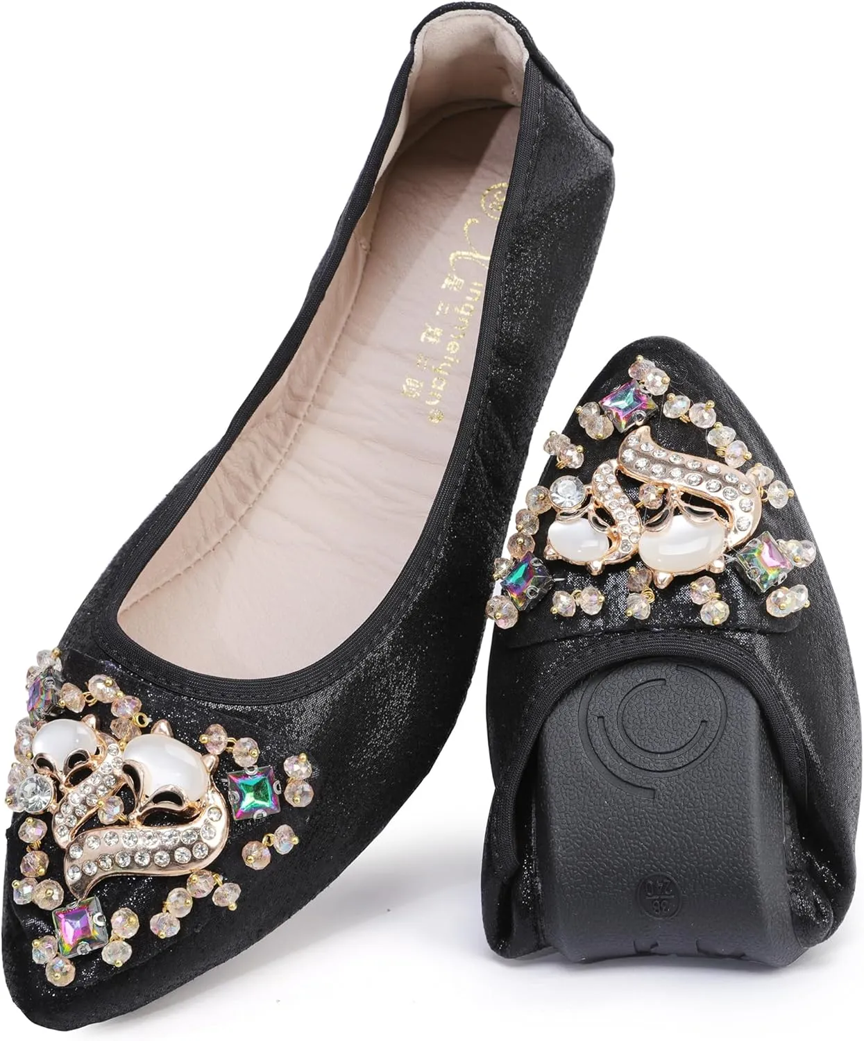 Women Ballet Flats Rhinestone Wedding Ballerina Shoes Foldable Sparkly Comfort Slip on Flat Shoes