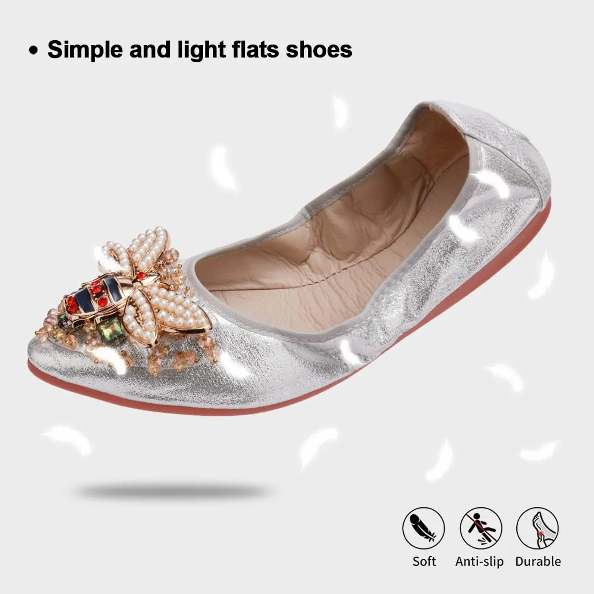 Women Ballet Flats Rhinestone Wedding Ballerina Shoes Foldable Sparkly Comfort Slip on Flat Shoes
