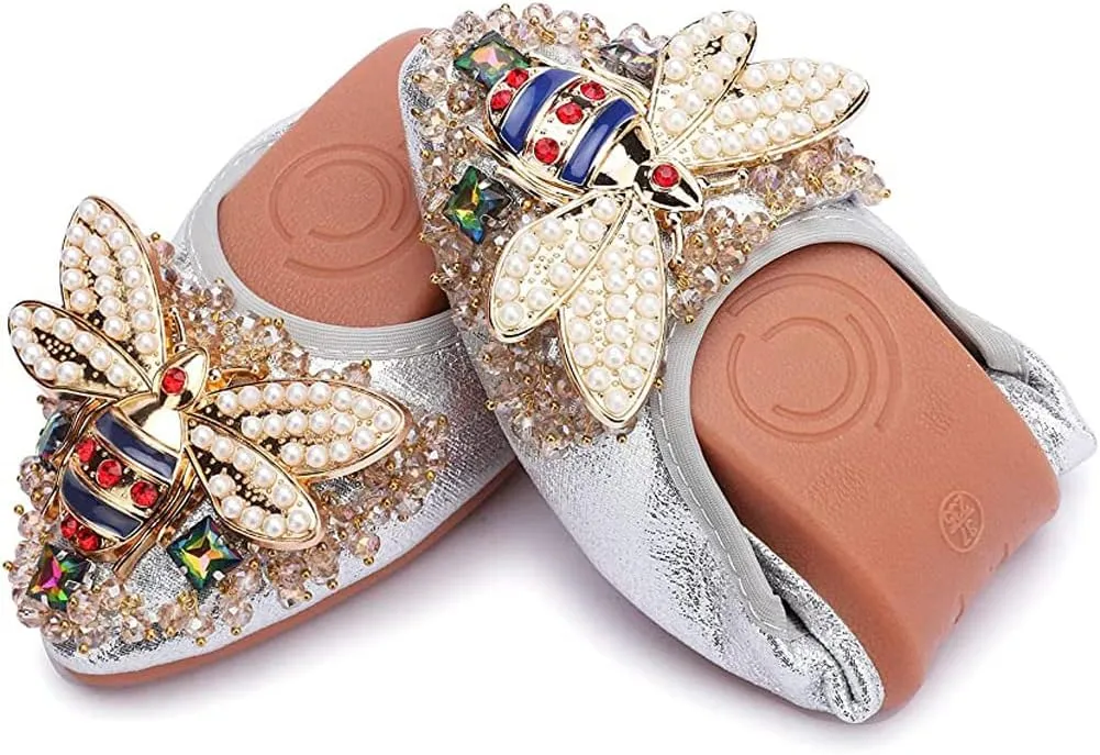 Women Ballet Flats Rhinestone Wedding Ballerina Shoes Foldable Sparkly Comfort Slip on Flat Shoes