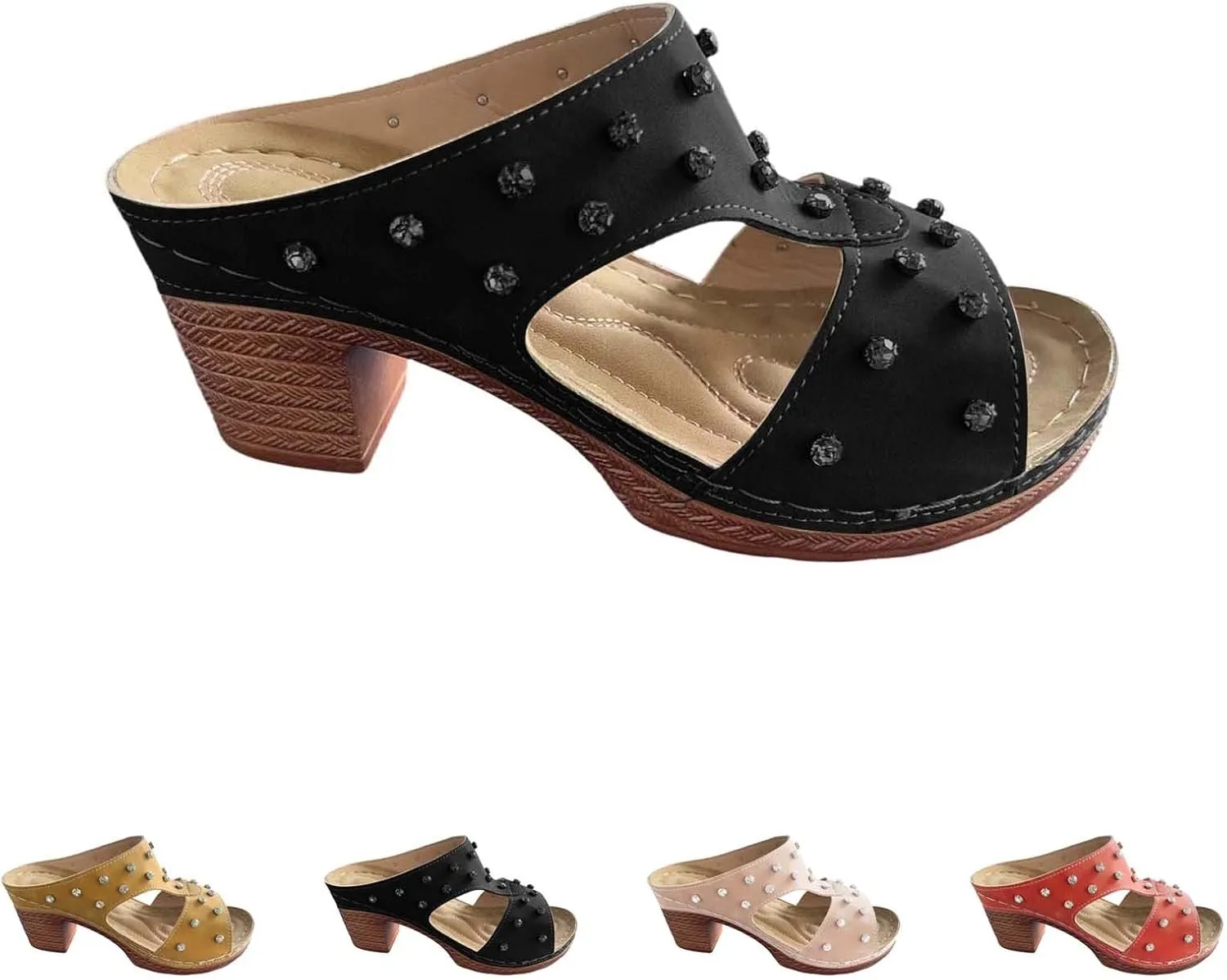 Womens Chunky Low Heel Sandals Dressy Rhinestone Summer Comfy Arch Support Slip On Platform Wedge Sandals Beach Shoes